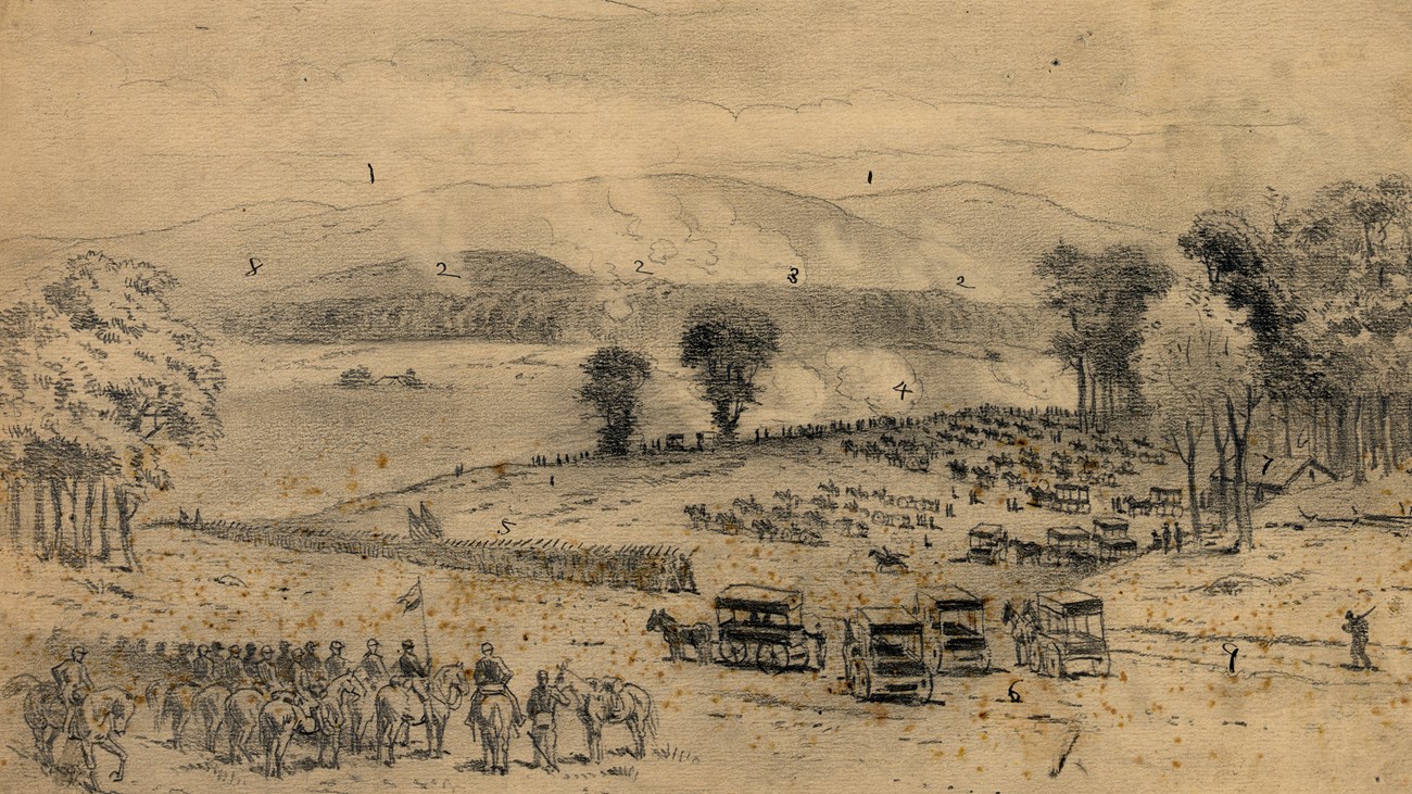 An 1800s pencil drawing on yellowed paper shows an army gathered for battle.