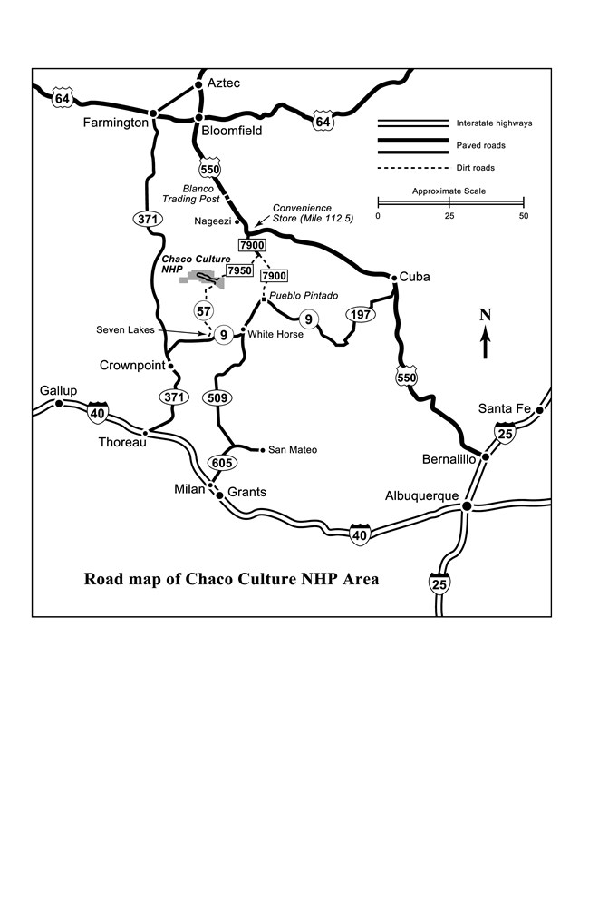 A simplified black and white road map of the roads around and leading to Chaco Culture NHP.