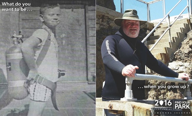 boy with scuba tank and man on dock in wetsuite