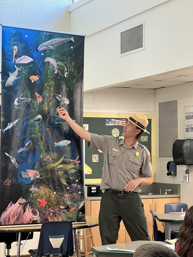 Ranger in a classroom points to a banner with an ocean scene