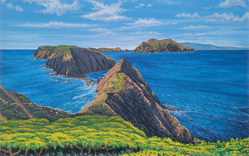 Painting of rugged island chain surrounded by ocean