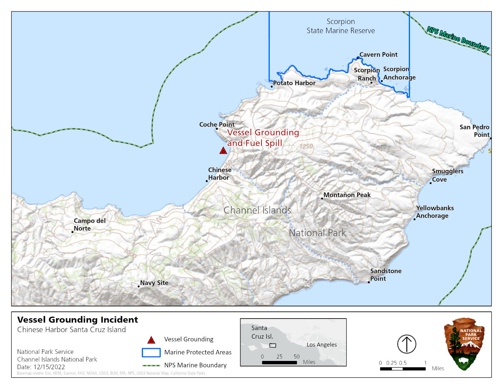 map of eastern santa cruz island with location of spill marked at chinese harbor