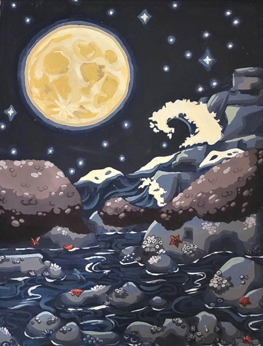 a painting of a starry night with a full moon, a wave arches in the background and sea stars and shellfish rest in a calm tidepool