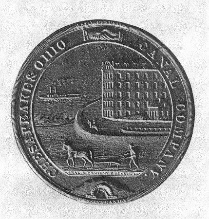 1825 C&O Canal Company silver color Seal, with an image of a boat in the background, a canal building, mules pulling the canal boat and a mule walking in front of a person.