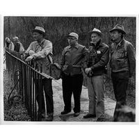 Justice William O. Douglas and friends probably on Sidling Creek Aqueduct during the Douglas Hike to save the Canal in March 1954.