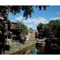 View of a canal boat docked in Georgetown section of the C&O Canal.