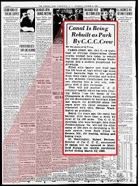 Black and white image of a red boxed enlarged section of Page A-2 of the Washington, D.C. Evening star newspaper, dated 06 Oct. 1938 that discusses the Canal being rebuilt as a park by C.C.C crew.