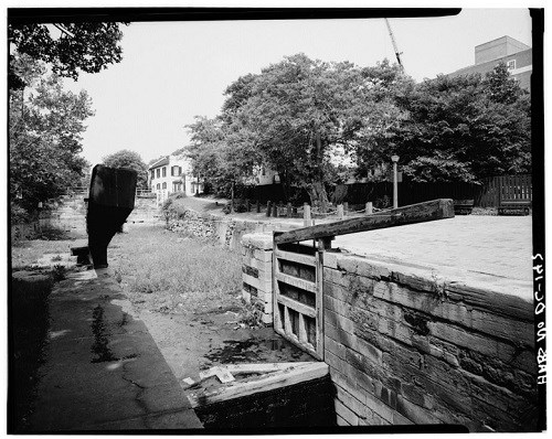 Black & white image of Lock 3 and empty basin, East & West parallel to M Street Northwest, Washington, D.C.