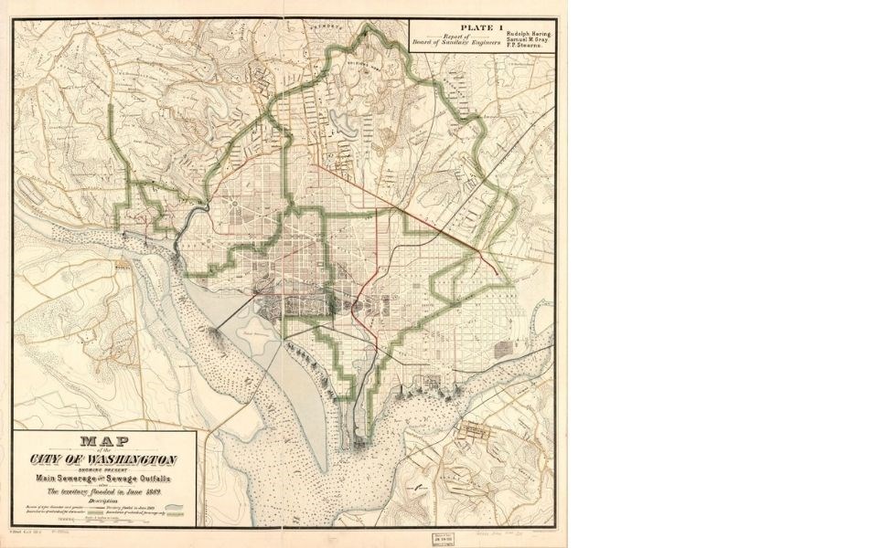 Map showing the extent of flooding (outlined in blue) from the 1889 flood.