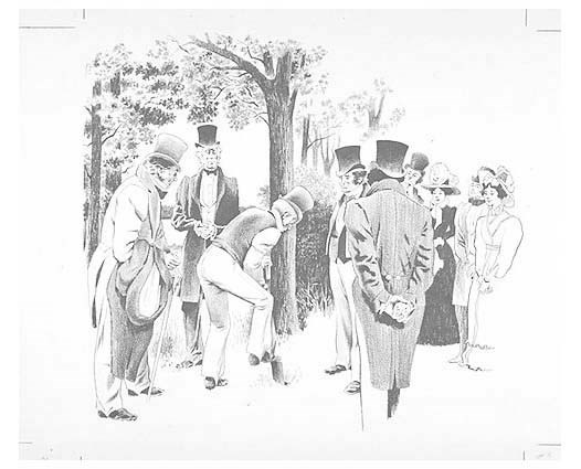 Black and White image of an artist's representation of President John Quincy Adams' ground-breaking ceremony for the Chesapeake and Ohio Canal on July 4, 1828.