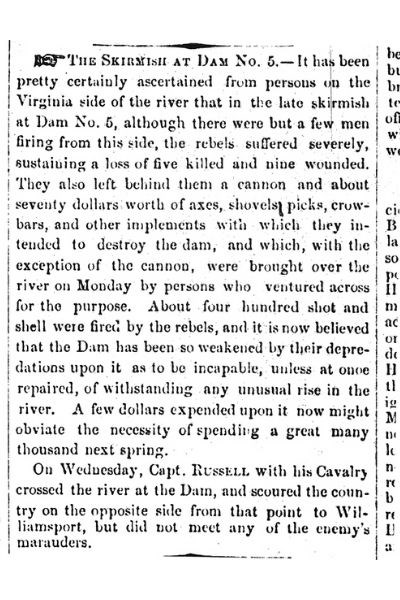 Newspaper article about the skirmish at Dam 5 during the Civil War.