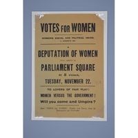 Handbill publicizing the planned deputation in Parliament Square, by the Women's Social and Political Union, on November 22, 1910. On display in the Belmont-Paul Women's Equality National Monument museum.