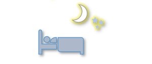A person asleep in bed, with a light blue shadow over them and the moon and stars shine a bight yellow glow above them.