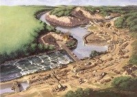 Aerial panoramic view shows a conjectural depiction of the building of a section of the Chesapeake and Ohio Canal system.