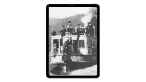 Historical photo of men boarding a canal boat.