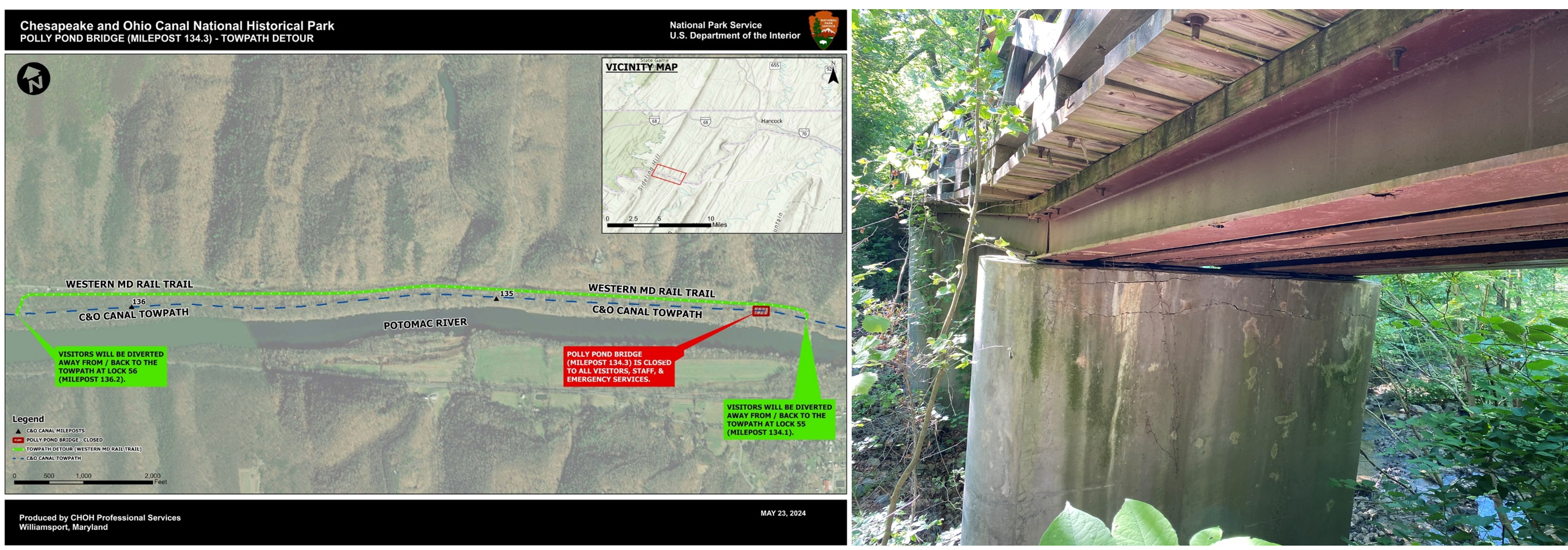 An aerial view map depicting the detour around the bridge closure and damages on the concrete pier supporting the bridge.