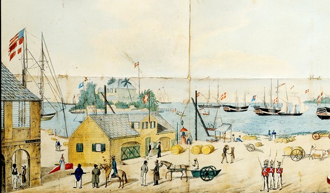 Painting of the wharf and port of Christiansted in year 1800.