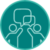 A teal circular icon that shows two people holding up speech bubbles