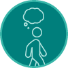 A teal circular icon that shows a person walking and thinking