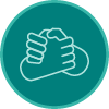 A teal circular icon that shows two hands holding that imply helping someone in trouble