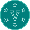 A teal circular icon that shows a letter V surrounded by stars