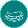A teal circular icon that shows a bird in a nest