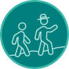 A circular teal icon that shows a ranger hiking and leading a younger person