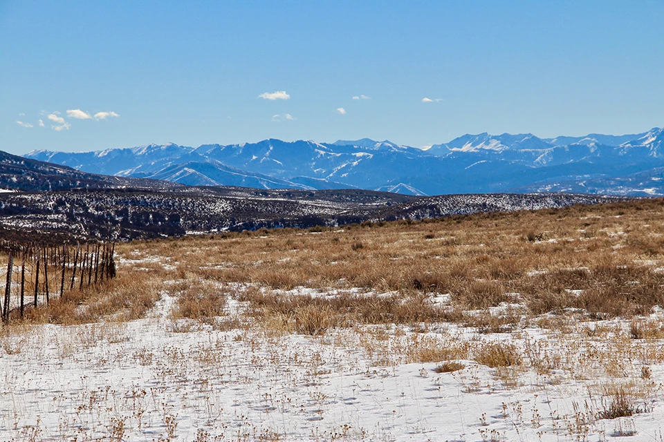 A view looking out onto a field of grass and a distant mountain range.