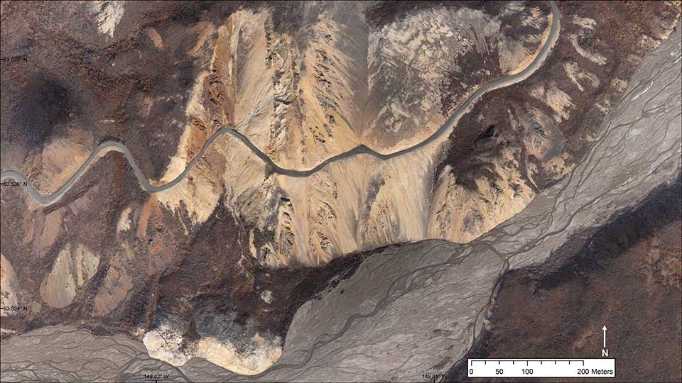 Aerial image of the Denali Park Road and Polychrome-Pretty Rocks landslide, 2018.