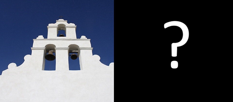 Image of white church bell tower (left); text reading "Coahuiltecans" (right)