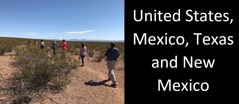Image of people walking on a trail (left); text that reads "United States, Mexico, Texas and New Mexico" (right)