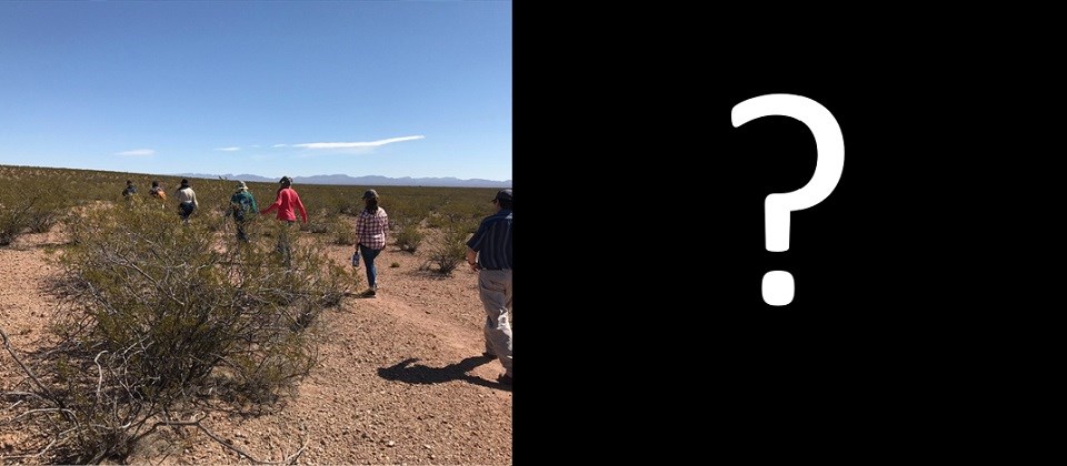 Image of people walking on a trail (left); text that reads "United States, Mexico, Texas and New Mexico" (right)