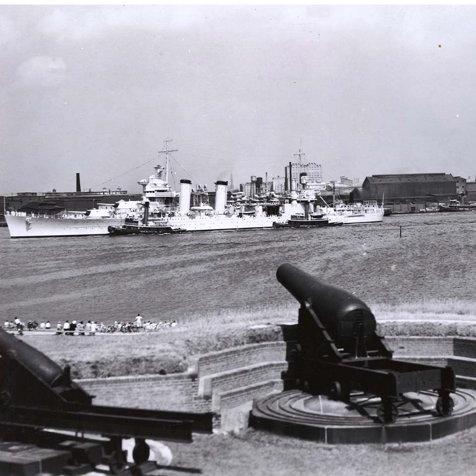 Photo shows the southeast bastion of the Star Fort overlooking the Patapsco River with vessels in the background