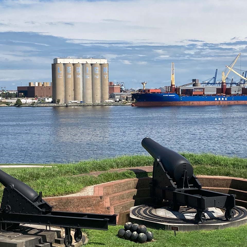 Photo shows the southeast bastion of the Star Fort overlooking the Patapsco River with vessels in the background