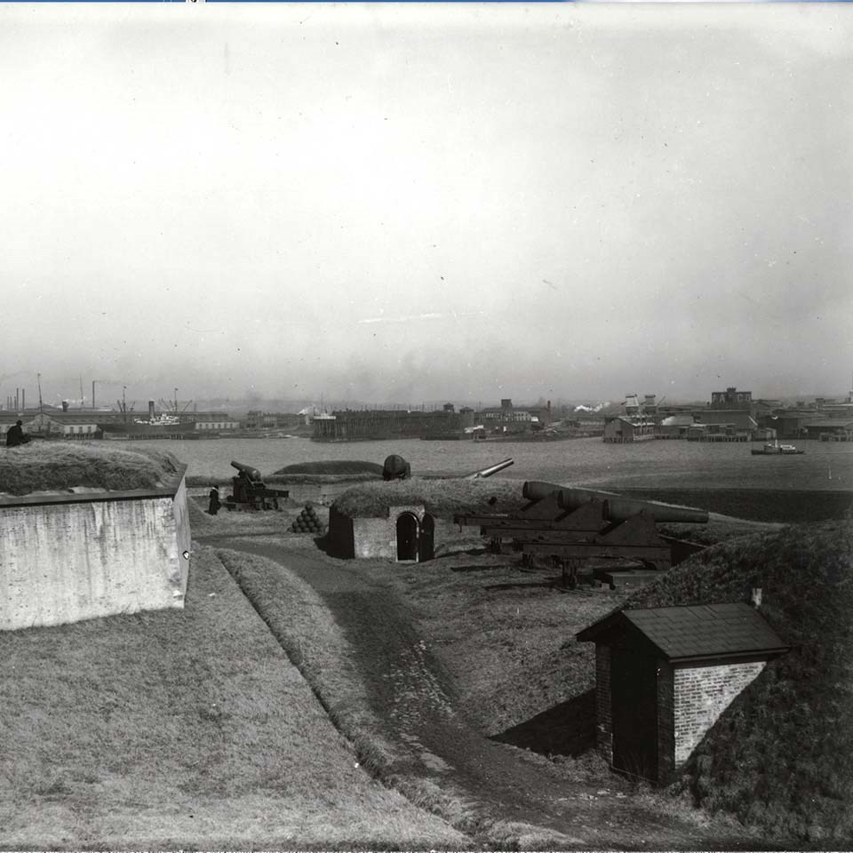 The image shows the Star Fort walls and bomb proofs with Patapsco River in background