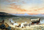 A watercolor painting of wagon trains approaching Chimney Rock.