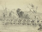 A pencil sketch records mounted troops crossing a river on a pontoon bridge.