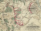 A yellowed hand drawn map from 1864 shows a battlefield in great detail.