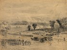 An 1800s pencil drawing shows an army gathering for battle.