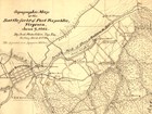 A historic pencil drawing shows roads, forest, towns, houses, and waterways.