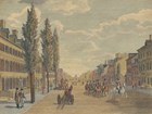 Relaxed street scene of Philadelphia in 1800. Tree-lined street with people walking on the sides.
