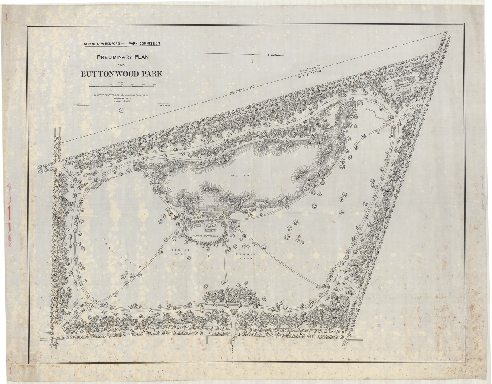 Pencil plan of triangular park with trees around perimeter, body of water and open space in middle 