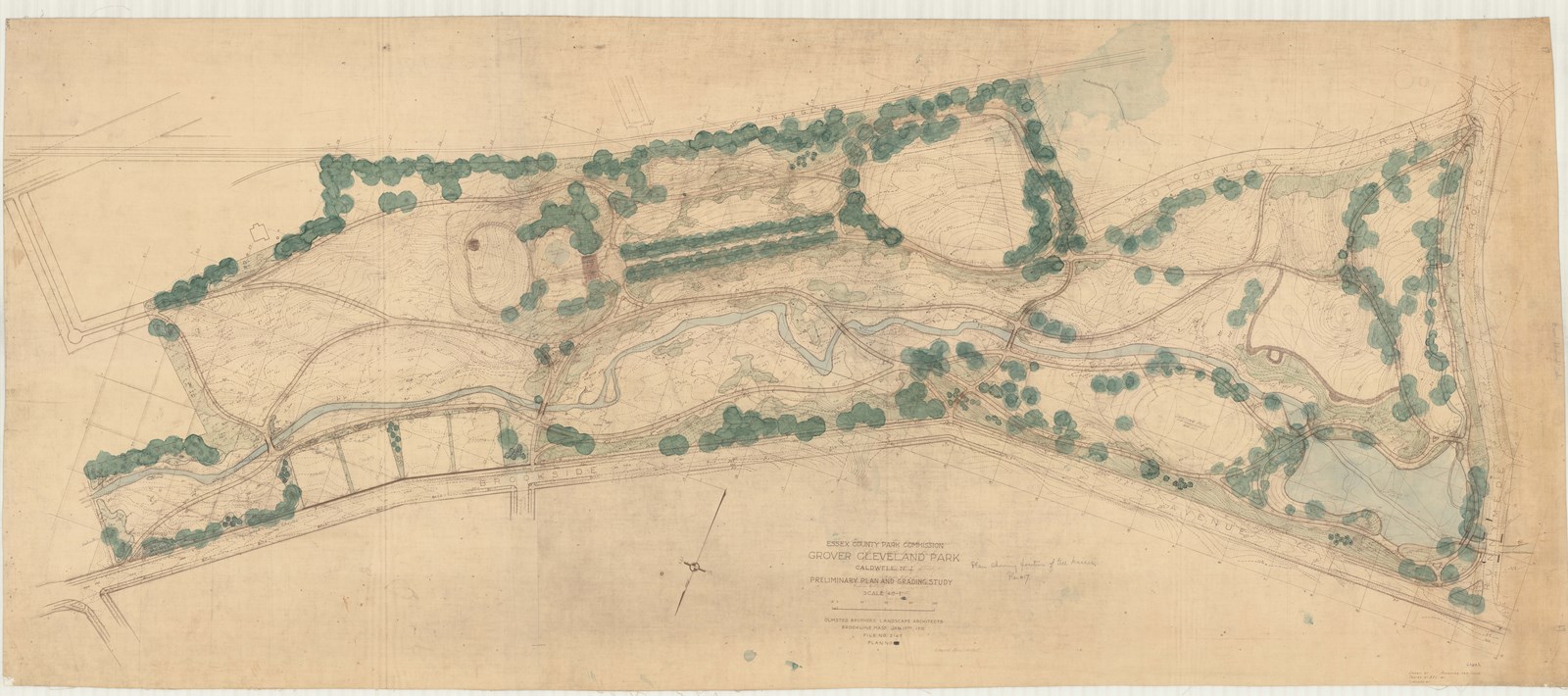 Pencil plan of park with green for trees, river running through park leading to pond