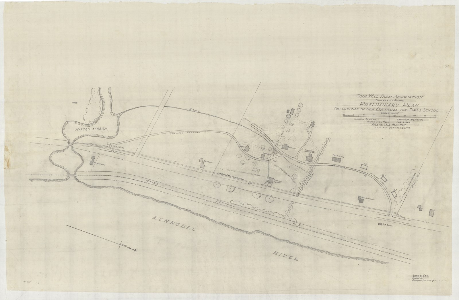 Plan of road with curving road and buildings around and some trees 