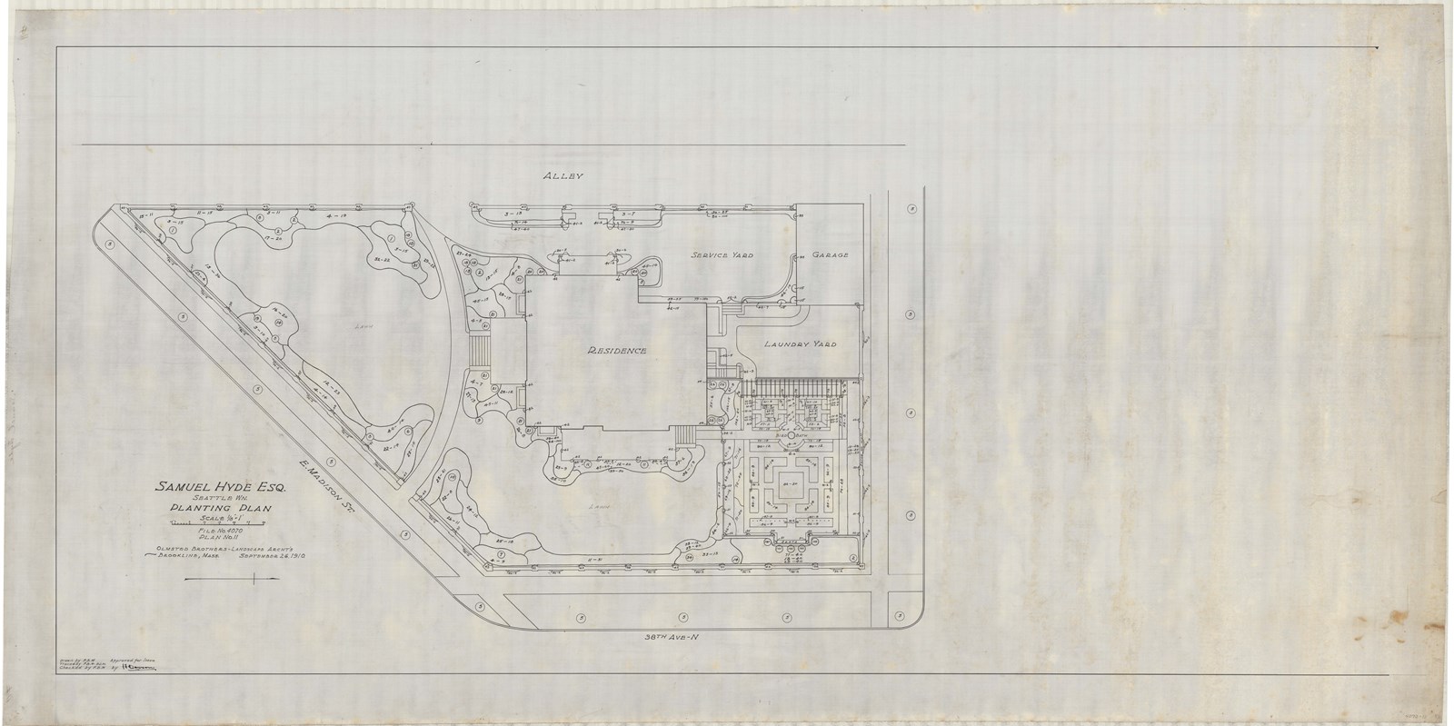 Pencil plan of estate with several buildings, open space with trees along edges and garden