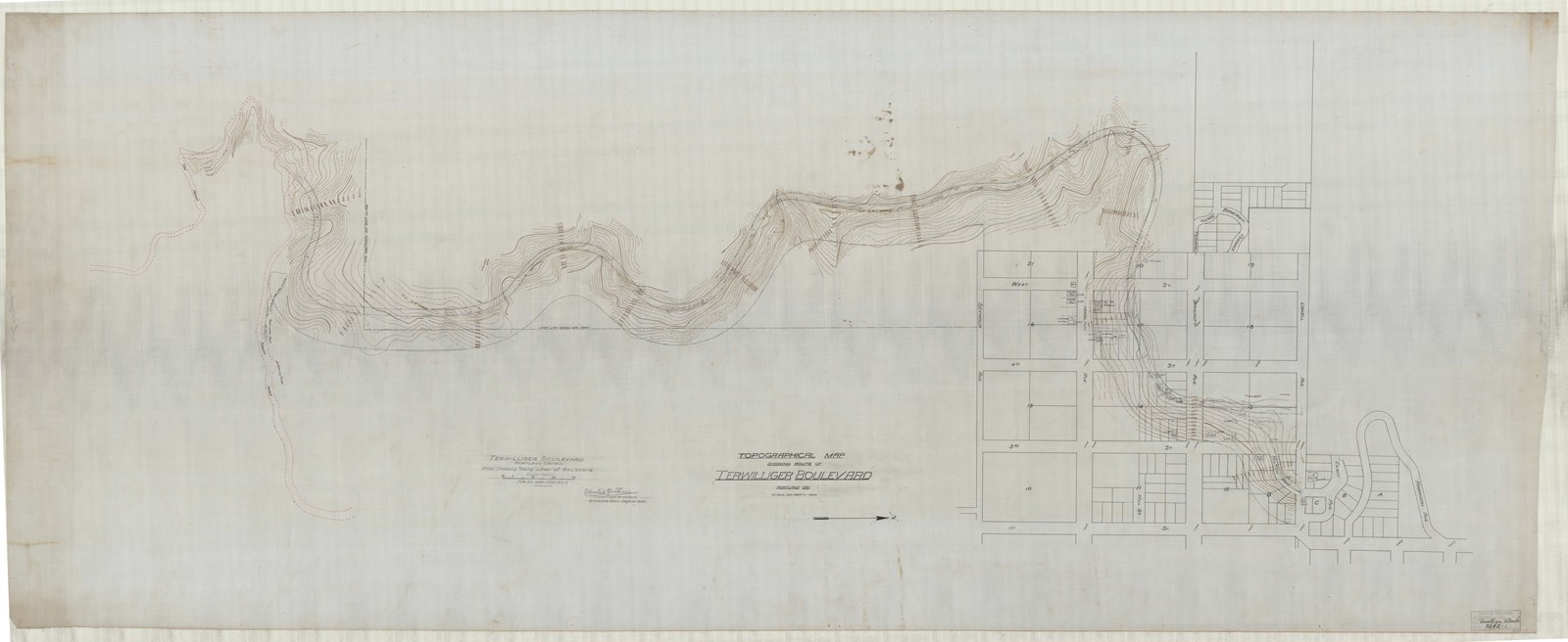 Pencil plan of curving road leading to city streets with topographical lines around road