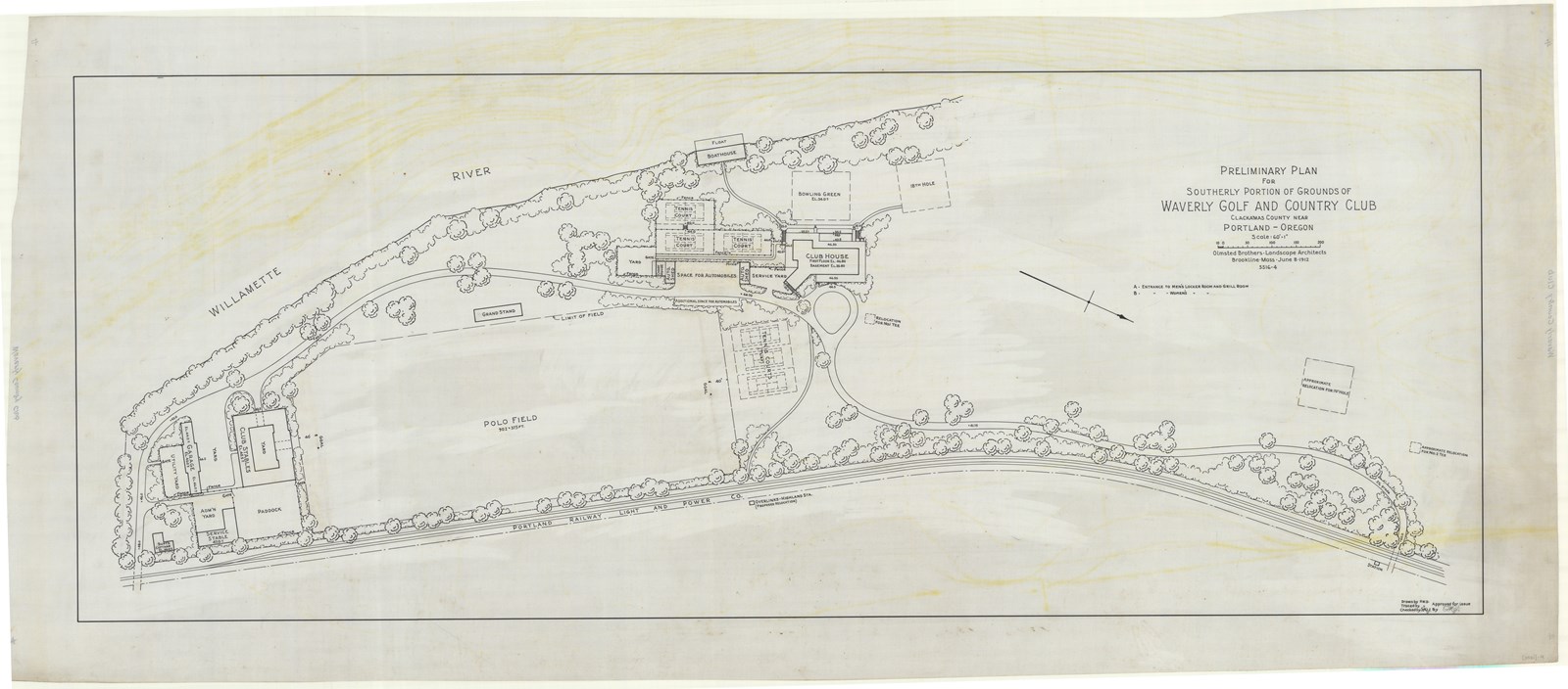 Pencil plan of country club with buildings along tree lined road, open rectangular polo field