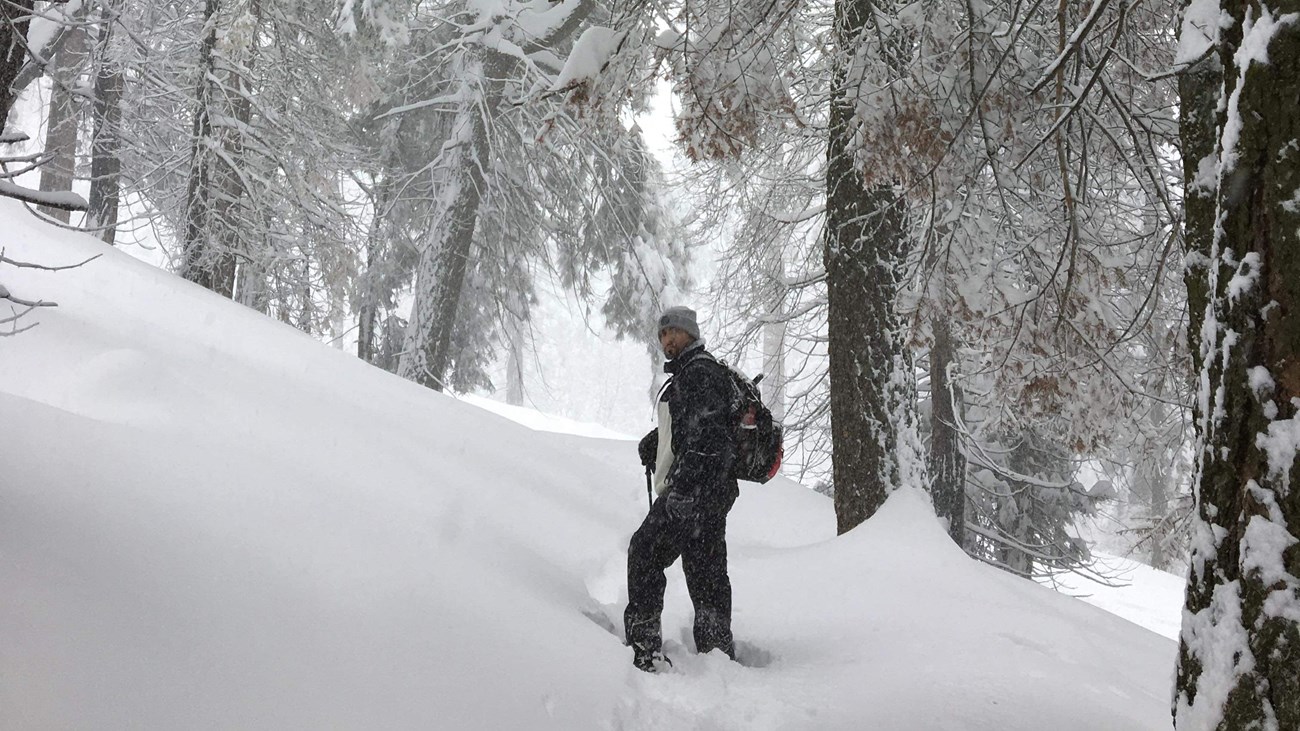 A visitor on a trail poses among a snow covered landscape.