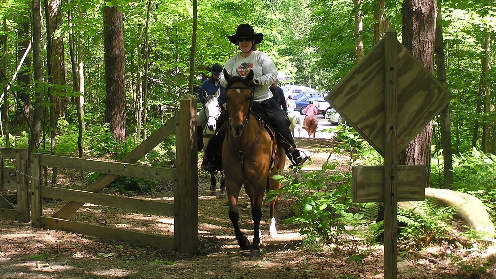 Person rides horse through wooden gate