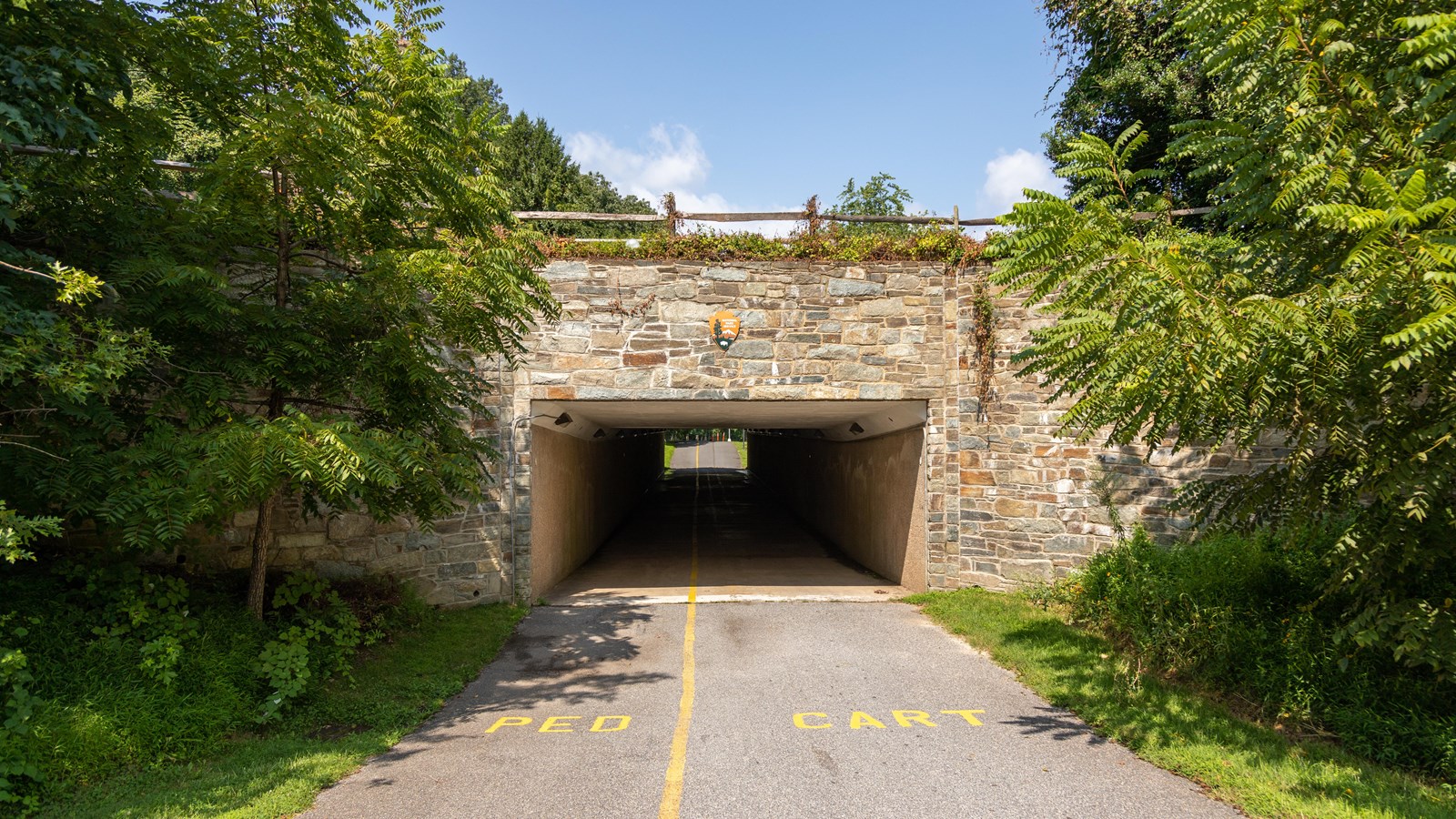 Tunnel with a rock facade under a roadway. Pathway is divided by yellow line for carts & pedestrians